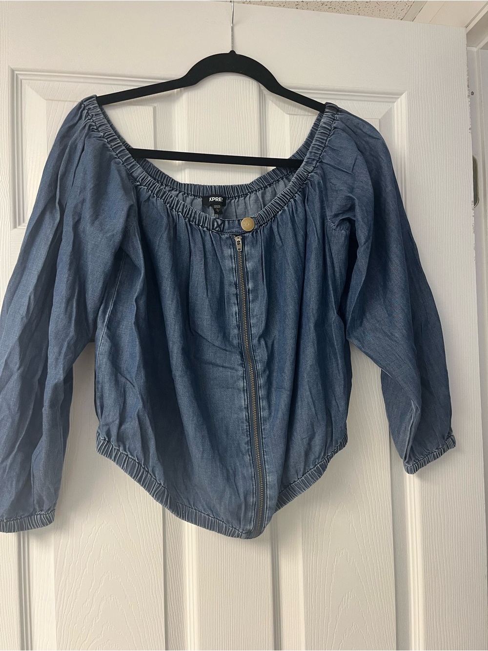Express Off-Shoulder Zip Front Denim-Style Top in Blue